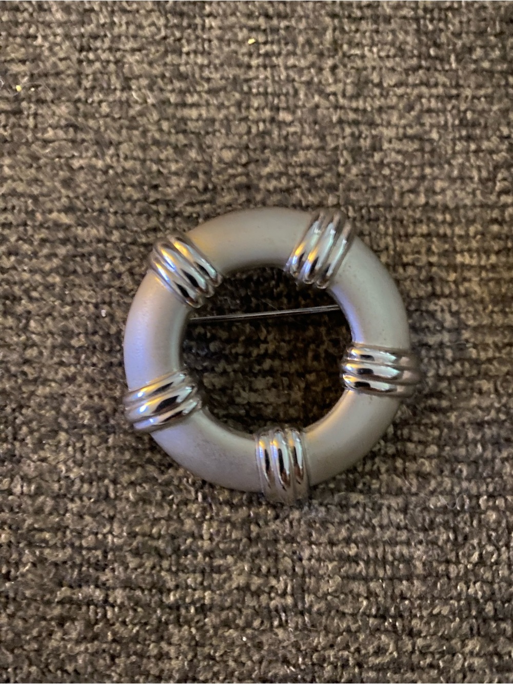(BB1) Vintage Signed Trifari Round Silver-Tone and Matte Gray Circular Brooch